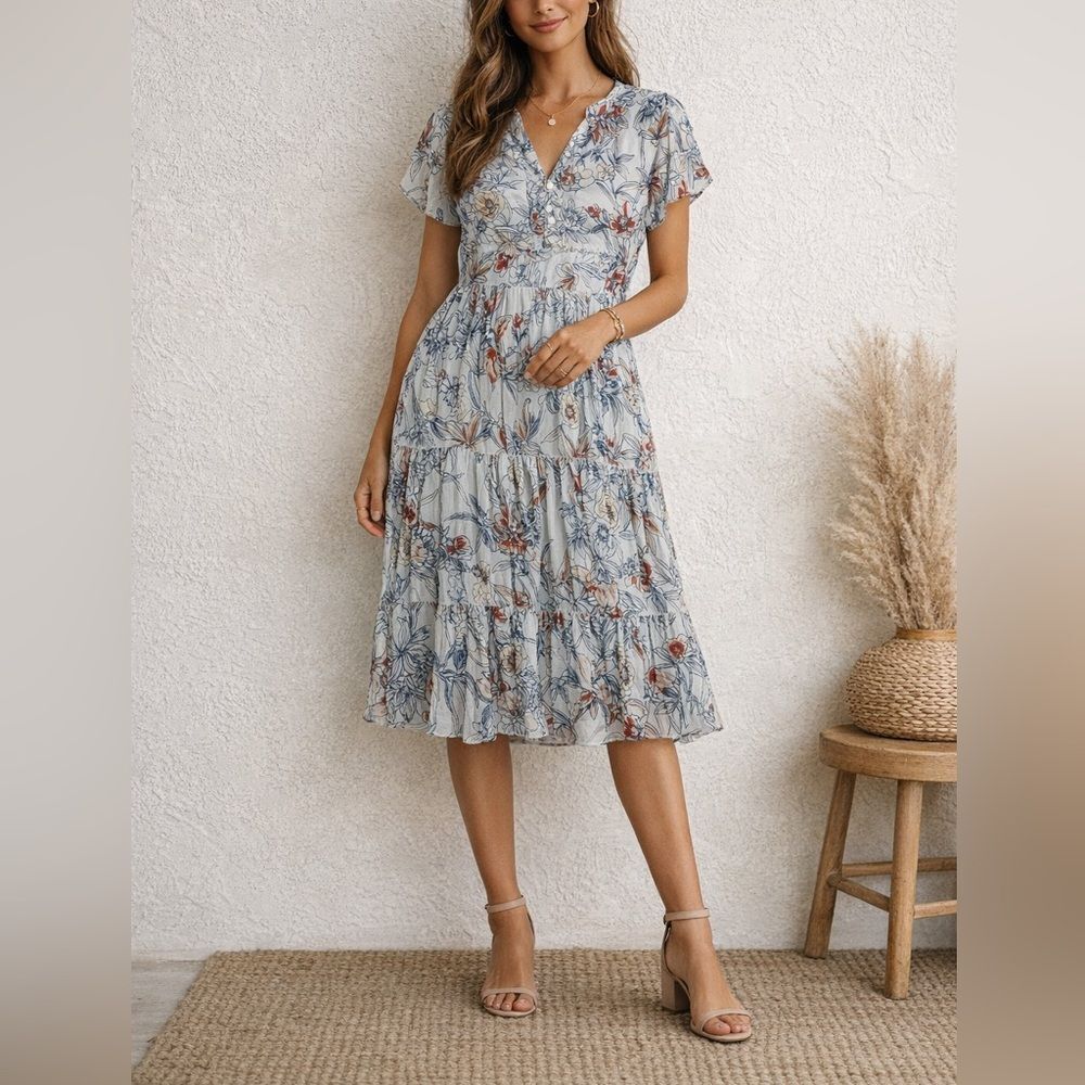 Karyn Seo Floral Tiered Midi Dress XL Blue Rust Viscose Short Sleeve